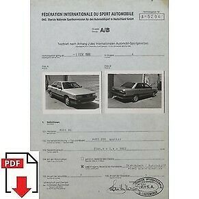 1986 Audi 200 Quattro FIA homologation form PDF download